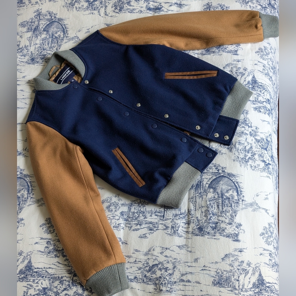 Lands End Wool Quilted Navy and Tan Varsity Jacket, Size 2-4